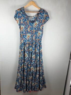 Soft Surroundings Kara Maxi Dress L Teal Floral Tiered Boho Cottagecore Flowy